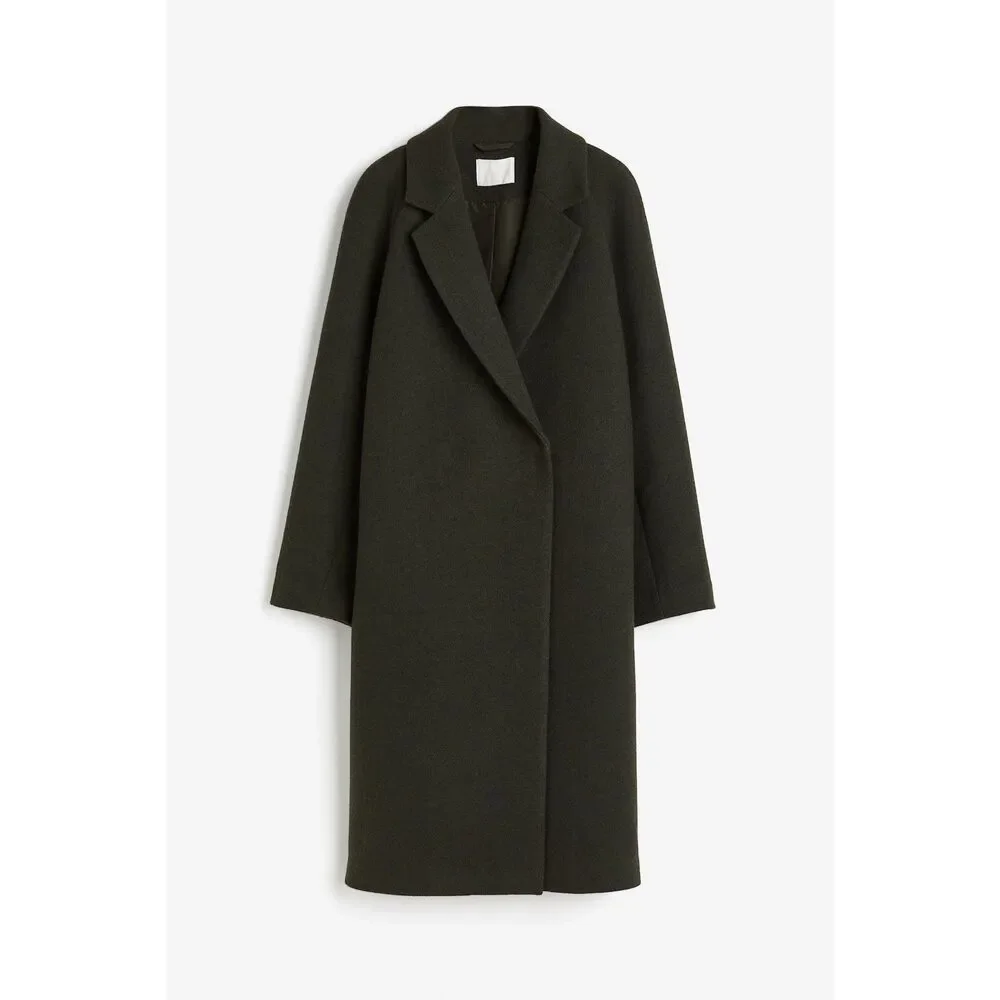 H&M Womens Sz XXL Pockets Coat Double Breasted Overcoat Dark Khaki Green Classic - Picture 1 of 10